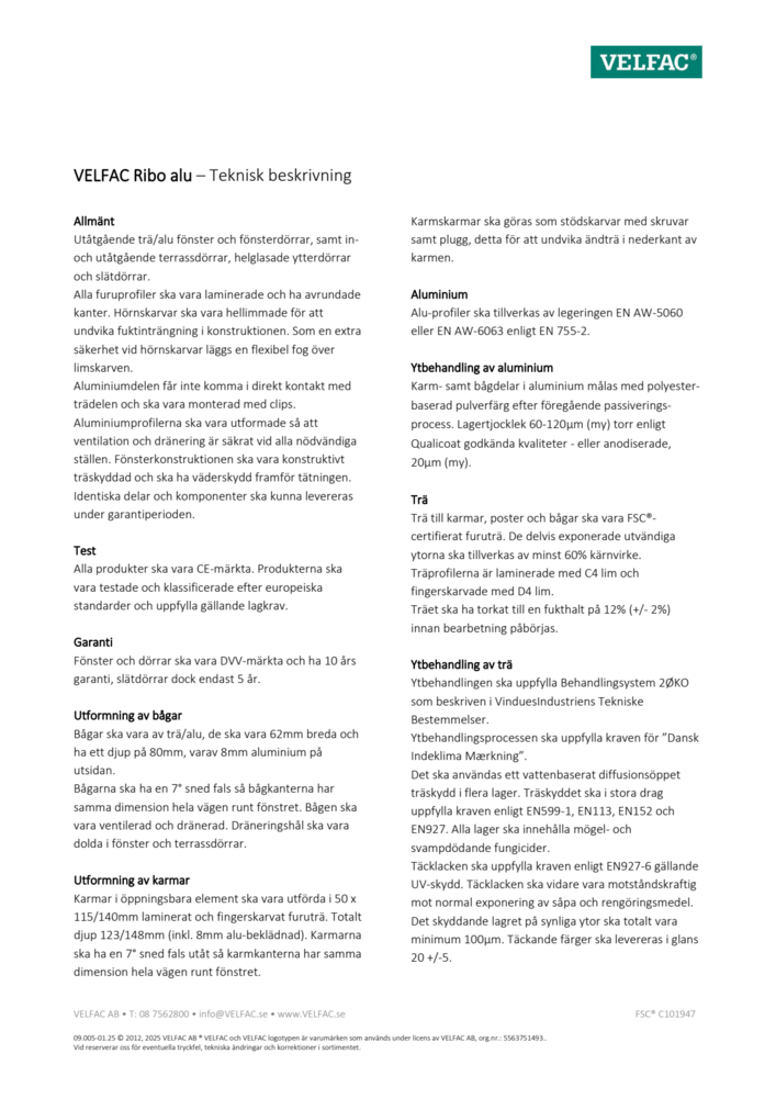 Teknisk beskrivning VELFAC Ribo trä/alu